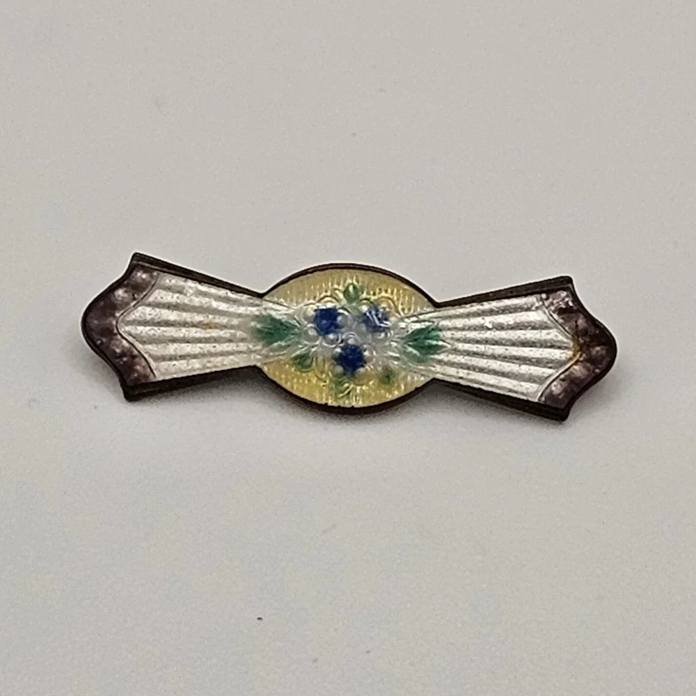 ANTIQUE ART NOUVEAU ART DECO GUILLOCHE ENAMEL BAR PIN BROOCH FLORAL